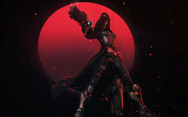 Genderbent female Reaper from Overwatch: armored woman warrior wielding dual shotguns, silhouetted against a blood-red moon — 4K Ultra HD PC desktop wallpaper