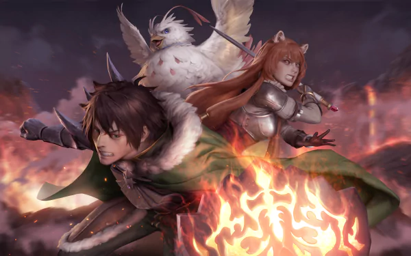HD desktop wallpaper featuring Naofumi Iwatani, Raphtalia, and Filo from The Rising of the Shield Hero in an epic battle stance, surrounded by flames, with Filo transformed as a powerful bird.
