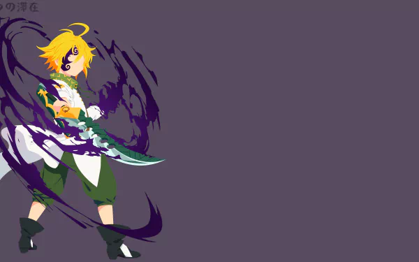 Anime 8K Ultra HD PC desktop wallpaper of Meliodas (The Seven Deadly Sins): blonde swordsman in green outfit swinging a curved blade with dark aura against a purple background.