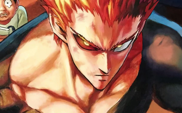 HD wallpaper of Garou from One-Punch Man Season 2. Garou, with intense yellow eyes and tears, is depicted in vibrant anime style, showcasing his fierce expression and muscular build.