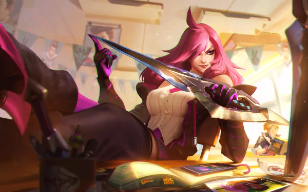 A vibrant 4K Ultra HD wallpaper featuring a woman warrior with pink hair, inspired by Katarina from League of Legends, wielding a sword in a dynamic pose amidst a colorful background.