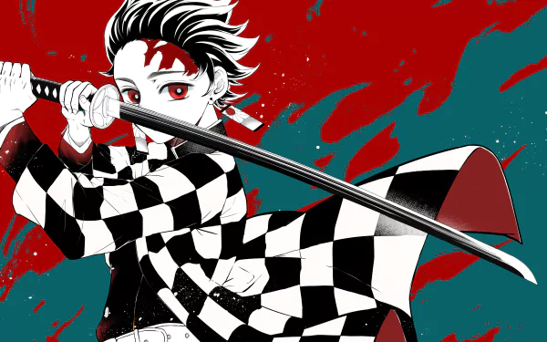 HD wallpaper featuring Tanjiro Kamado from the anime Demon Slayer: Kimetsu no Yaiba, depicted in a dynamic pose with his sword against a vibrant red and teal background.