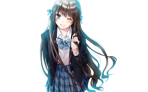 Anime-style HD desktop wallpaper of a girl with long brown hair, blue eyes, and a school uniform from Meguru Gakuen to Senpai to Boku.