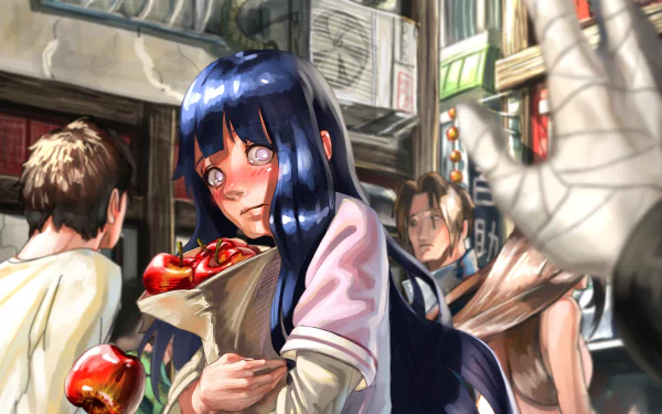 Anime-style HD wallpaper featuring Hinata Hyuga with blue hair and Byakugan eyes holding apples in a busy urban street scene.