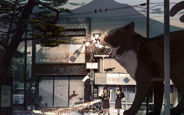 HD anime wallpaper featuring a giant cat overlooking a serene street scene with anime characters, one with black, long twintails and a bag.