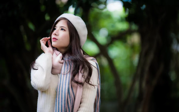 sweater scarf hat brunette depth of field model woman asian HD Desktop Wallpaper | Background Image