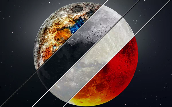 8K Ultra HD wallpaper showing a detailed lunar surface split into super snow moon, blood moon, and starry space background, highlighting nature's cosmic beauty.