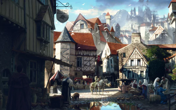 A high-definition fantasy medieval city wallpaper featuring people, buildings, and a horse in a bustling town square, with a backdrop of towering structures.