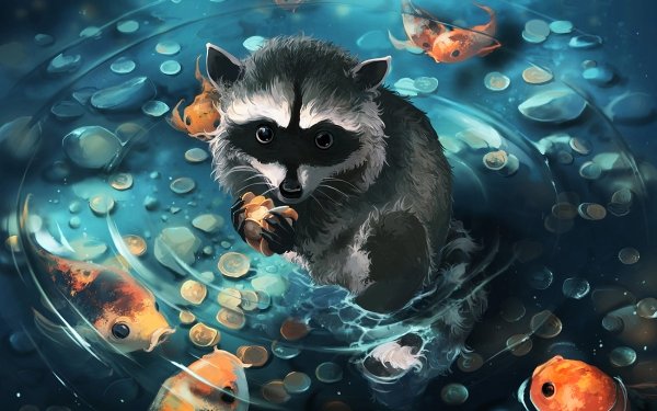 Fantasy Animal Fantasy Animals Raccoon Fish Coin HD Wallpaper | Background Image
