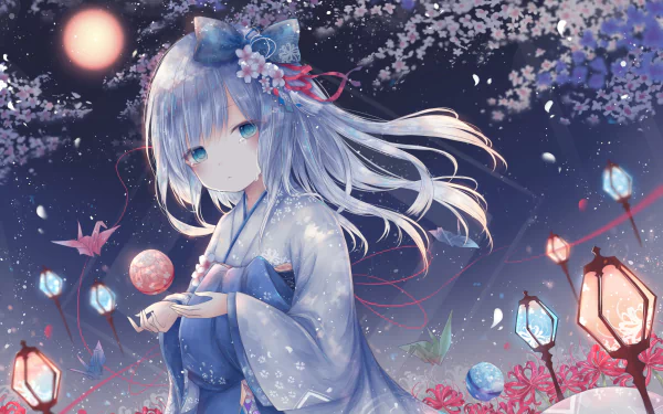 Anime girl with grey hair and blue eyes in a kimono, adorned with a bow, among origami cranes and lanterns under a moonlit cherry blossom sky. HD desktop wallpaper and background.