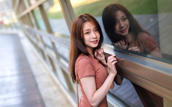 Women Asian Model Reflection Long Hair Depth Of Field Brunette HD Wallpaper | Background Image