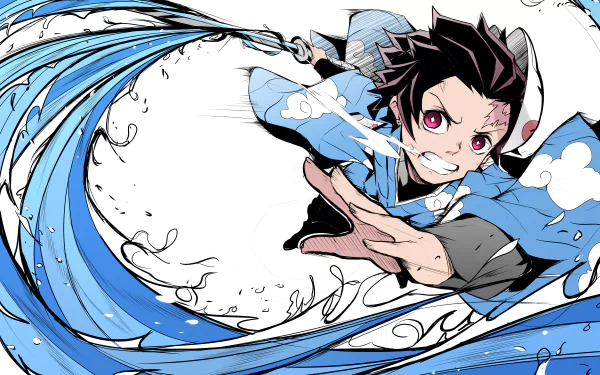 An HD desktop wallpaper featuring Tanjiro Kamado from Demon Slayer: Kimetsu no Yaiba, wielding a katana surrounded by water elements, with a scar on his forehead and brown hair.
