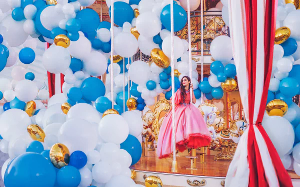 pink dress brunette dress carousel balloon woman model HD Desktop Wallpaper | Background Image