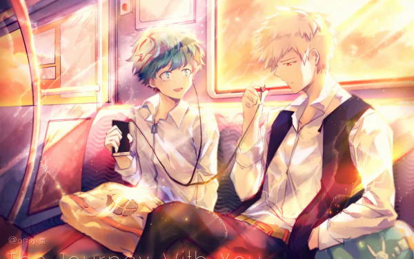 HD PC desktop wallpaper featuring Izuku Midoriya and Katsuki Bakugou from My Hero Academia in a warm, glowing anime-style scene.