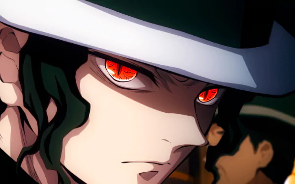 HD desktop wallpaper of Muzan Kibutsuji from the anime Demon Slayer: Kimetsu no Yaiba, featuring a close-up of his intense red eyes and determined expression.
