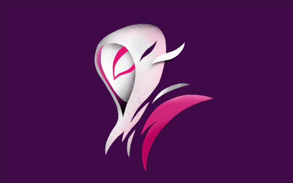 Minimalist comic-style Gwen Stacy emblem in white, pink and magenta on a deep purple field — a comics minimalist HD PC desktop wallpaper/background.