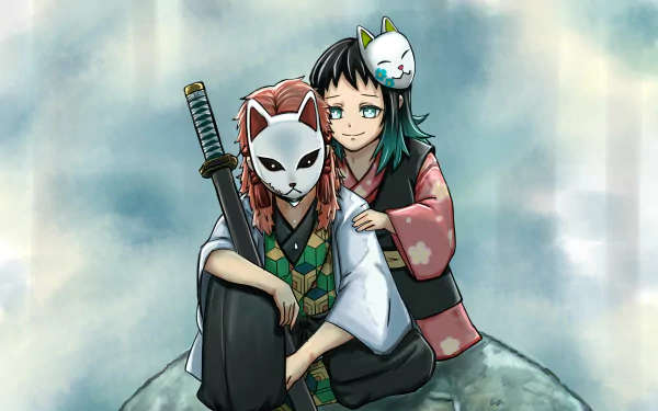 HD anime wallpaper featuring Makomo and Sabito from Demon Slayer: Kimetsu no Yaiba, showcasing the characters in a serene, cloudy background.