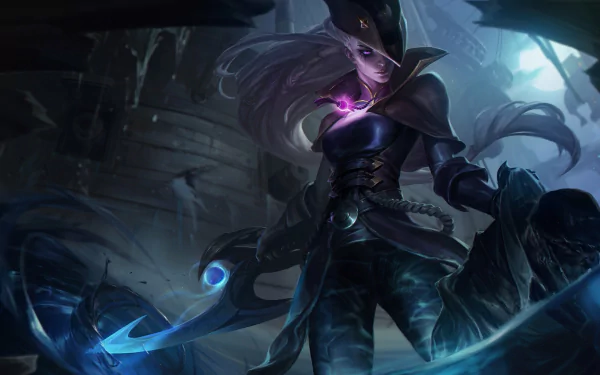 HD desktop wallpaper featuring Diana from League of Legends, showcasing her dark armor and crescent blade in a mysterious, shadowy environment.