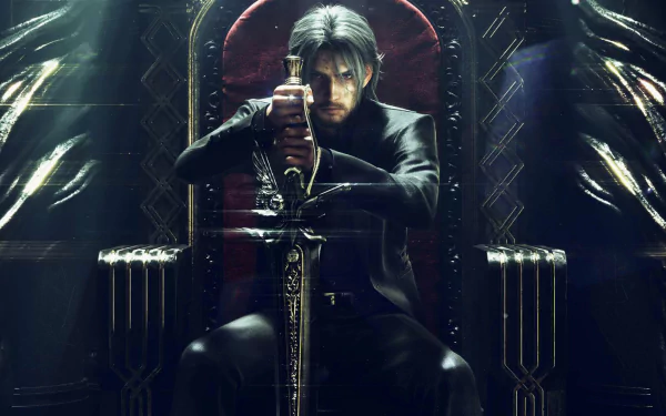 Noctis Lucis Caelum from Final Fantasy XV Windows Edition sits on a throne, gripping a sword, depicted in this HD PC desktop wallpaper from the Final Fantasy video game series.