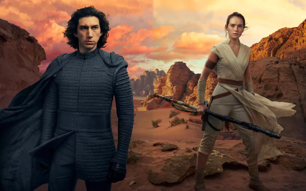 4K Ultra HD desktop wallpaper featuring Adam Driver as Kylo Ren and Daisy Ridley as Rey from the movie Star Wars: The Rise of Skywalker, set against a dramatic desert landscape.