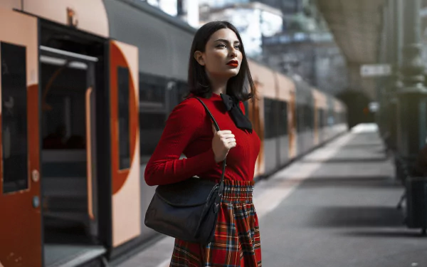 bag black hair lipstick depth of field woman model HD Desktop Wallpaper | Background Image