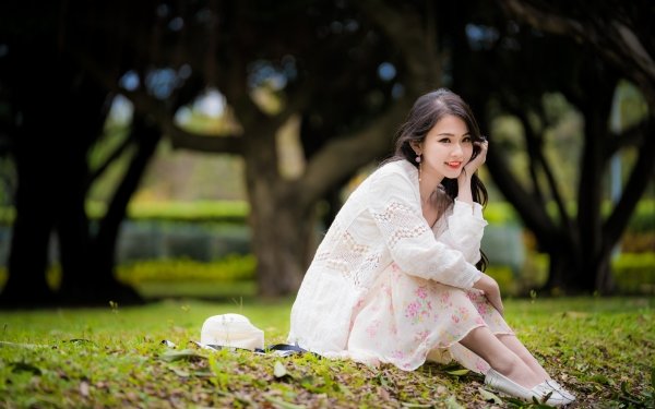 Women Asian Model Depth Of Field Smile White Dress Black Hair HD Wallpaper | Background Image