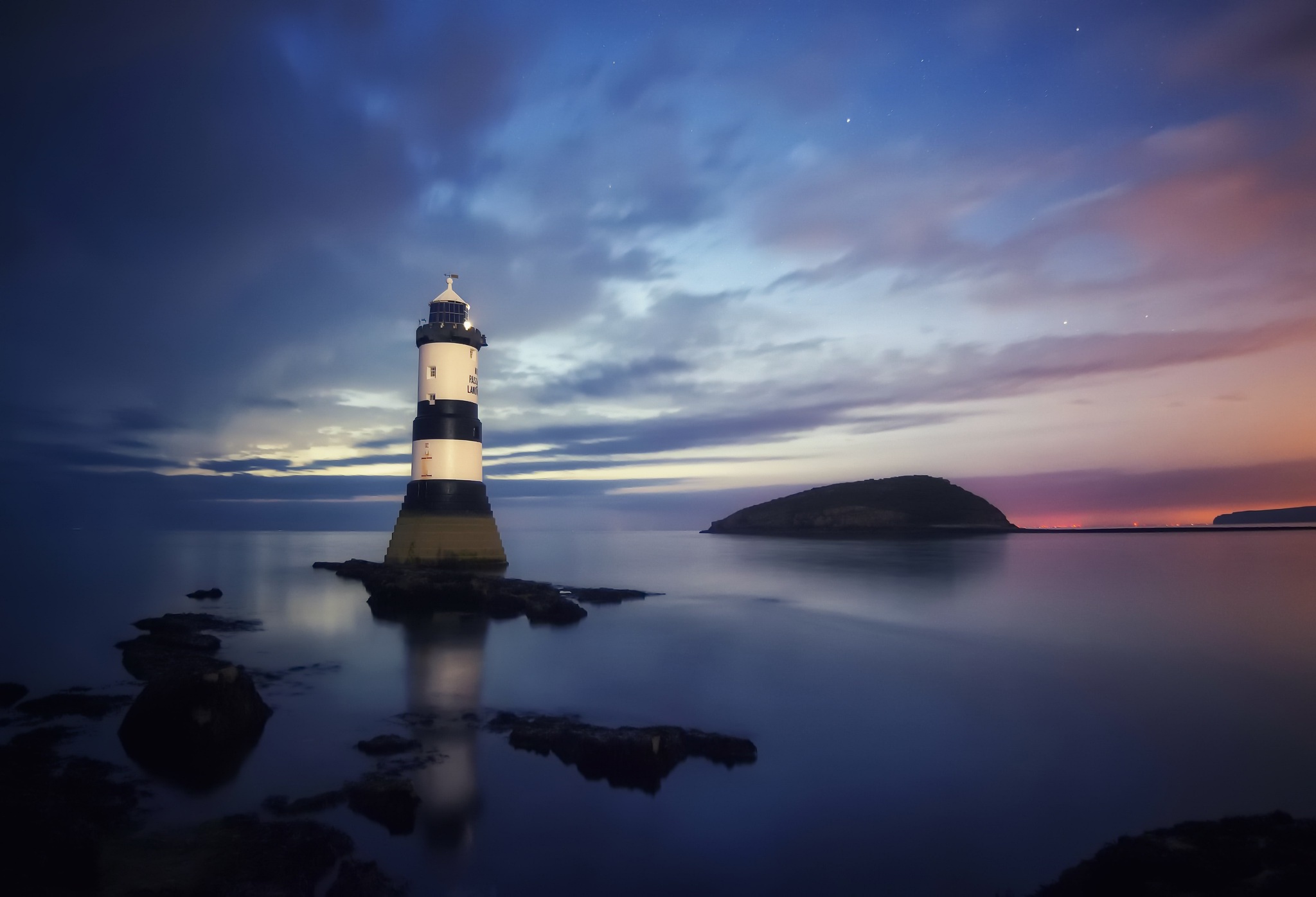 Download Horizon Ocean Reflection Night Man Made Lighthouse HD Wallpaper