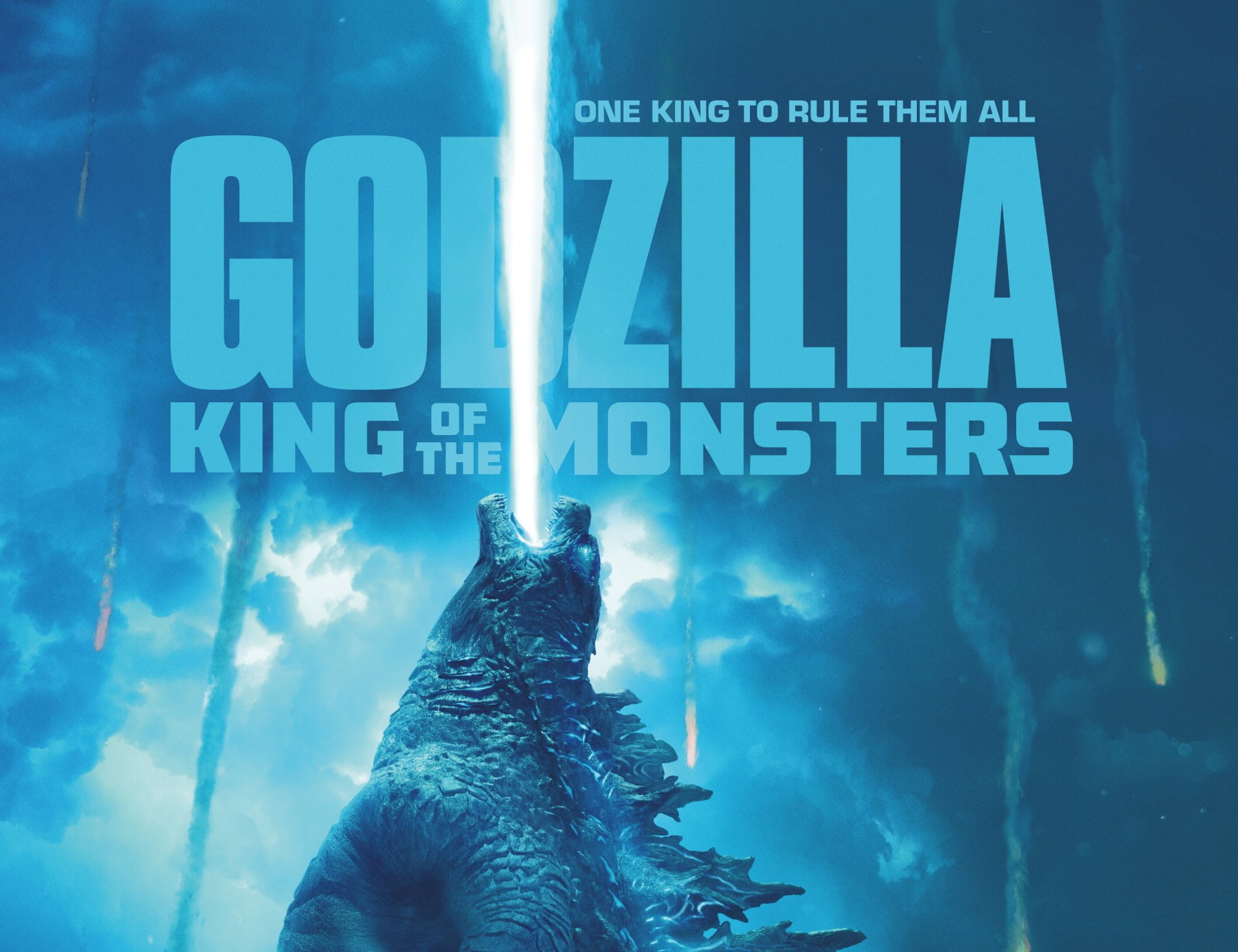 4K Ultra HD desktop wallpaper featuring Godzilla unleashing a powerful blue atomic breath from the movie Godzilla: King of the Monsters with bold title text.