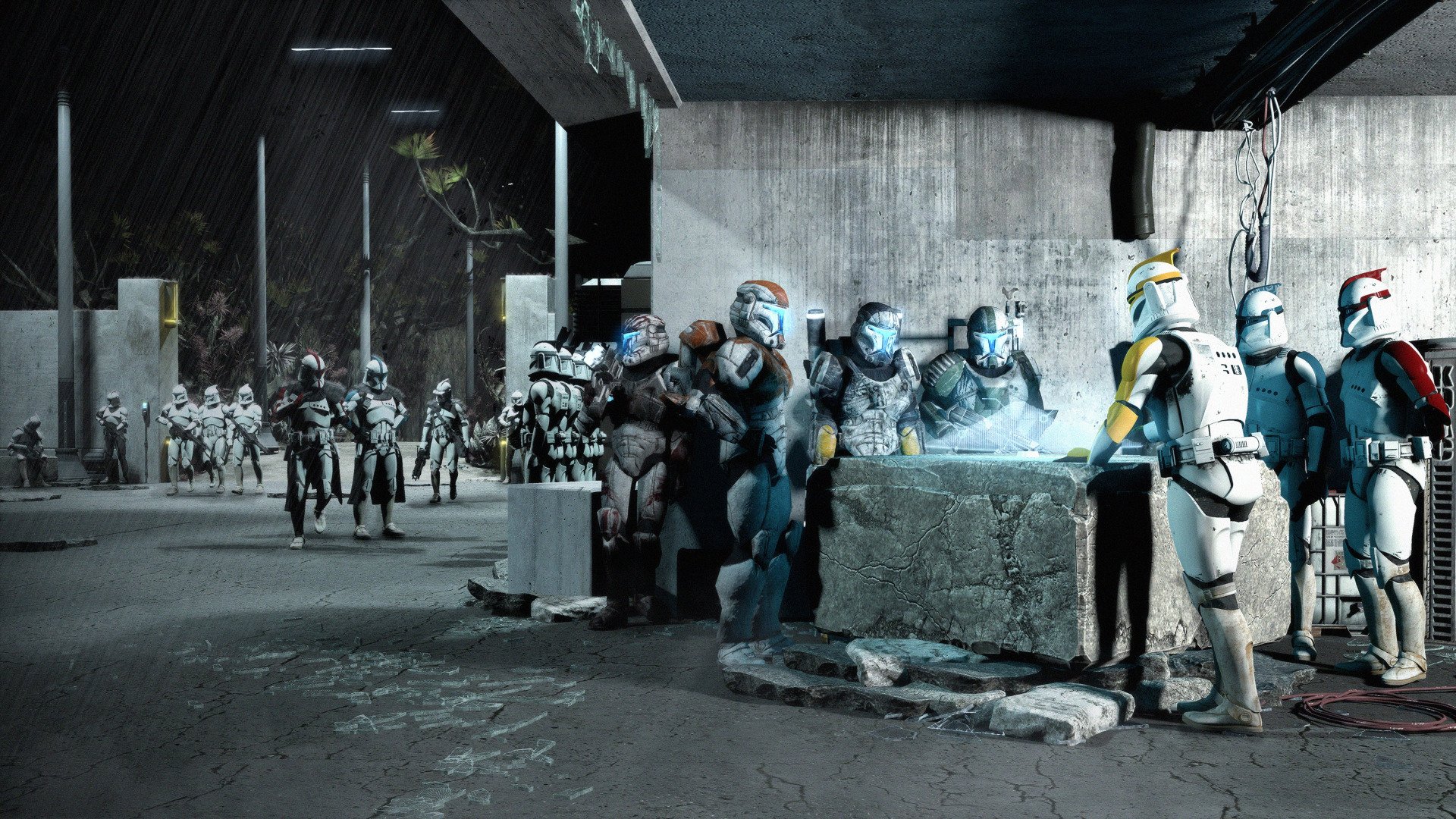 HD PC desktop wallpaper featuring clone troopers from Star Wars gathered in a sci-fi setting, illuminated by bluish light under an industrial structure.
