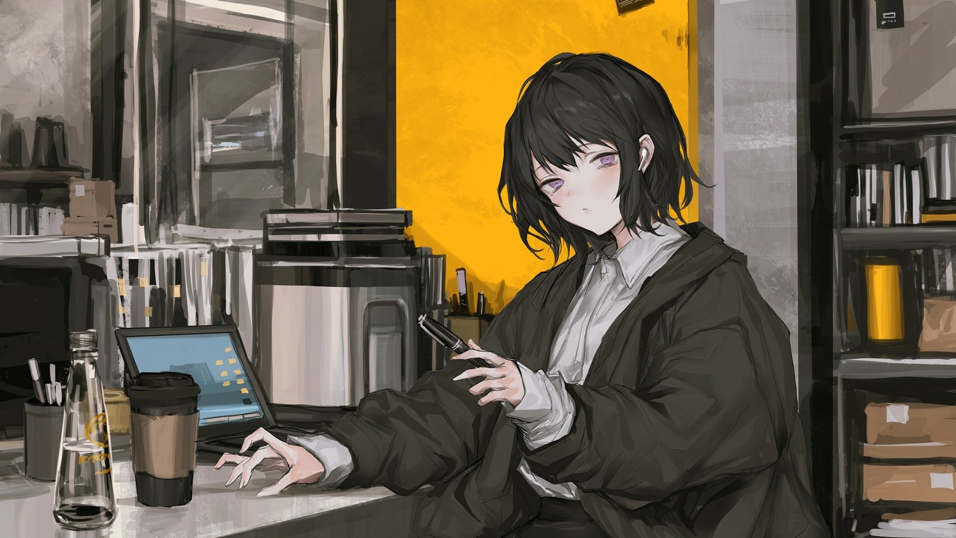 Anime-style HD desktop wallpaper of a black-haired character with striking purple eyes, set against a cozy, book-filled interior with warm yellow accents.