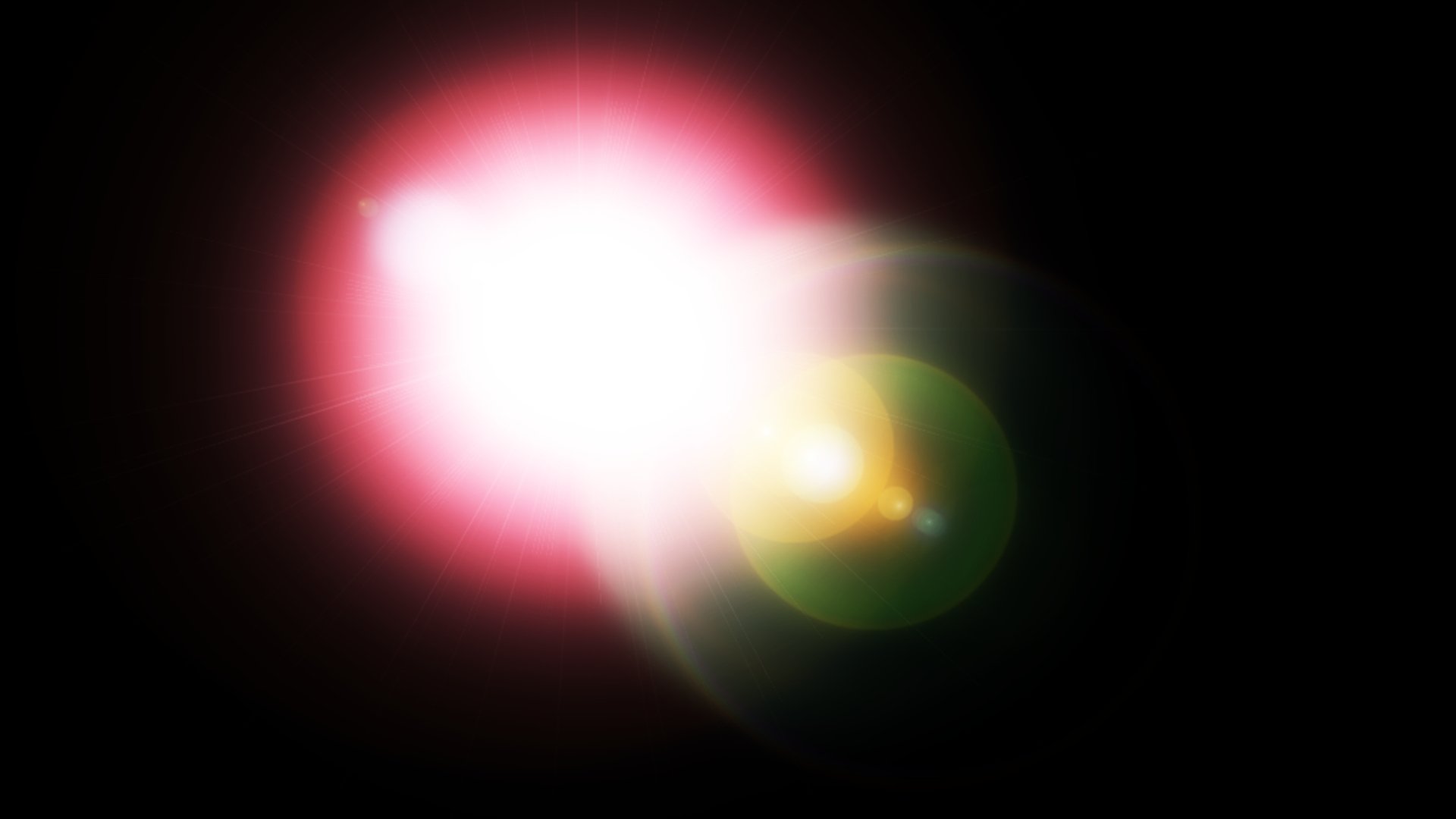 Photoshopped artistic sci-fi HD desktop wallpaper: a bright white-pink star/sun with green-yellow lens flare and radiating light against a black background.