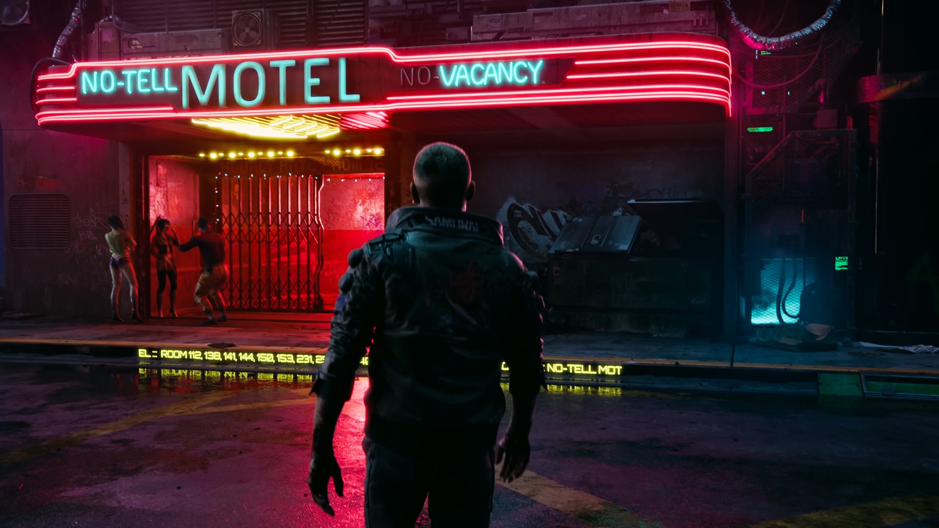 A cyberpunk-themed 4K Ultra HD PC wallpaper featuring a lone figure standing outside the neon-lit No-Tell Motel from the video game Cyberpunk 2077.