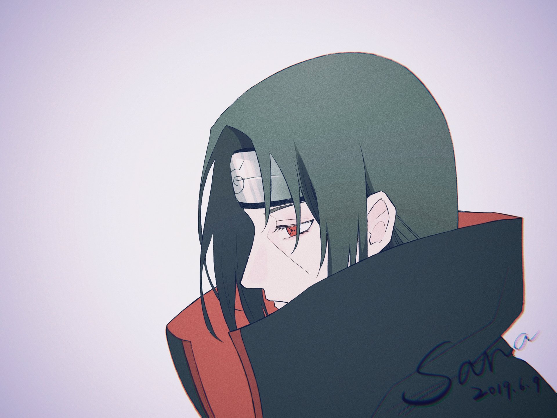 4K Ultra HD anime wallpaper featuring Itachi Uchiha from Naruto, showcasing his distinctive red eyes and dark cloak against a light background.