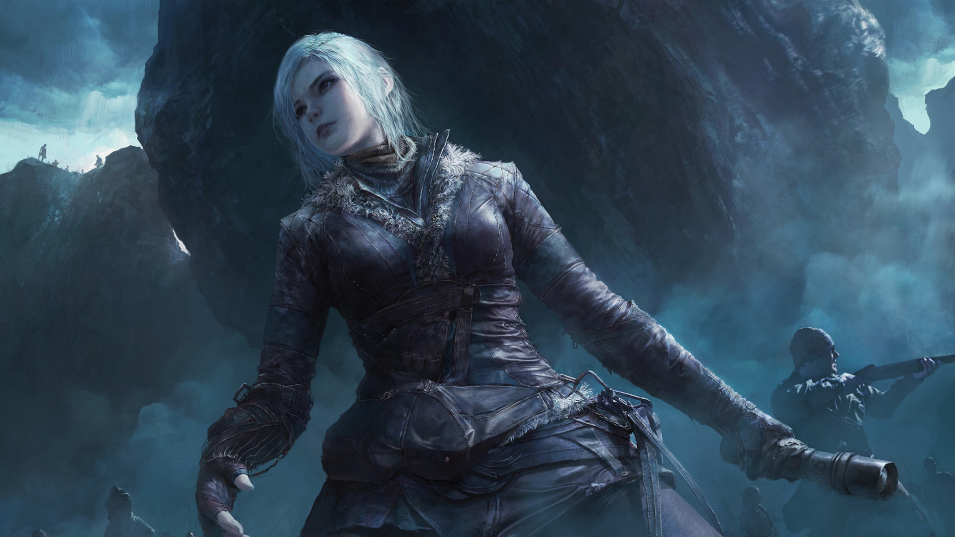 HD PC desktop wallpaper featuring a fantasy woman warrior with silver hair in dark armor, set against a misty, rocky background.