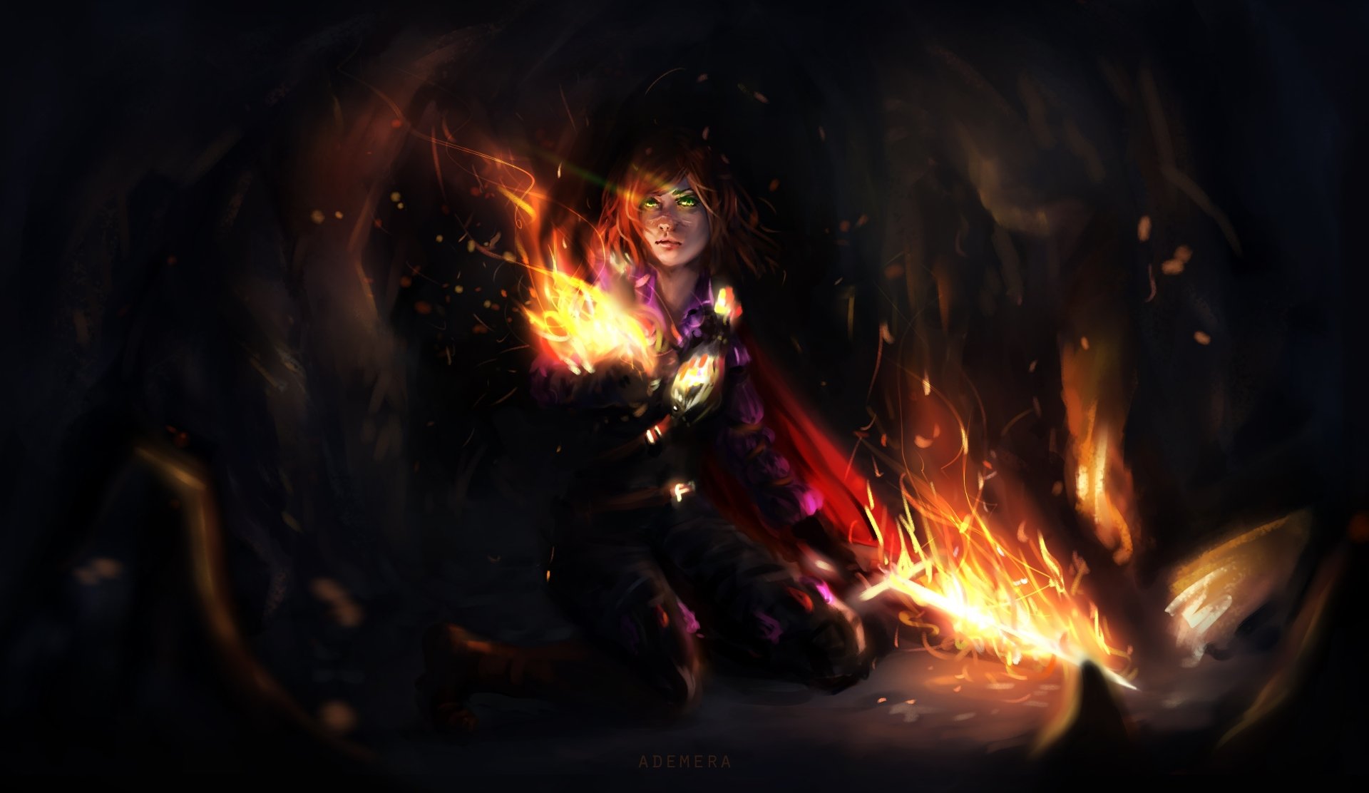 Download Cave Sword Magic Fire Fantasy Sorceress 4k Ultra HD Wallpaper by Ademera