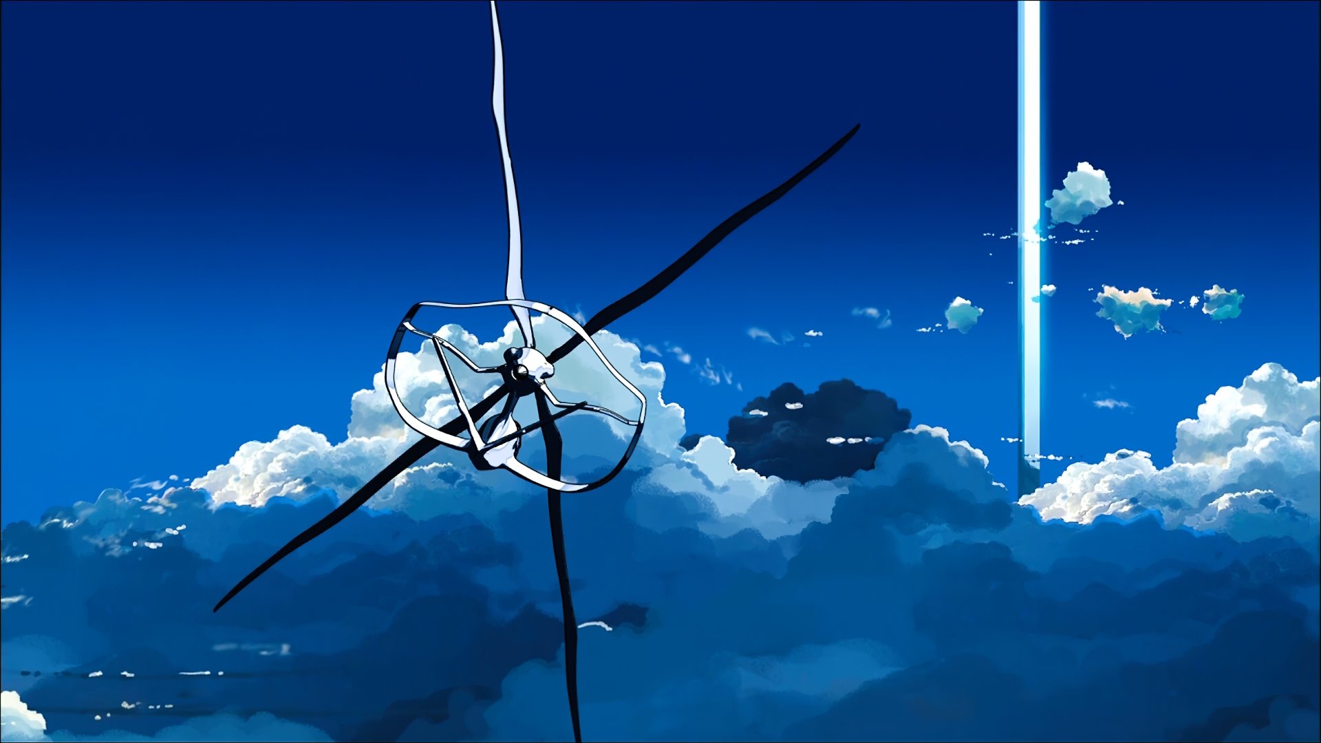 Anime scene from The Place Promised In Our Early Days featuring a futuristic flying machine against a vivid blue sky with clouds and a beam of light, rendered in 8K Ultra HD.