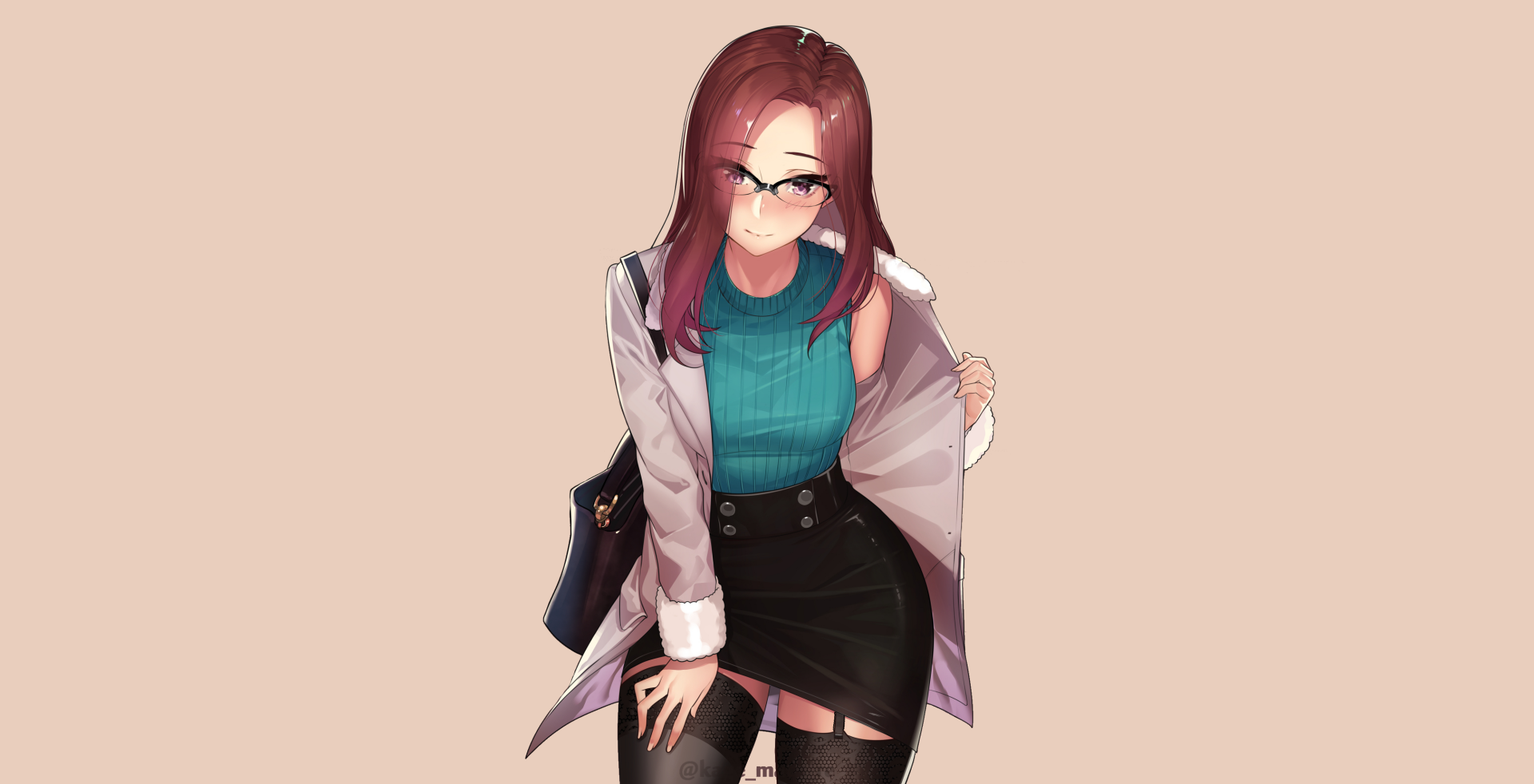 Anime-style original character with long red hair, glasses, teal top, black skirt, and thigh highs, posing confidently against a plain background in HD desktop wallpaper quality.
