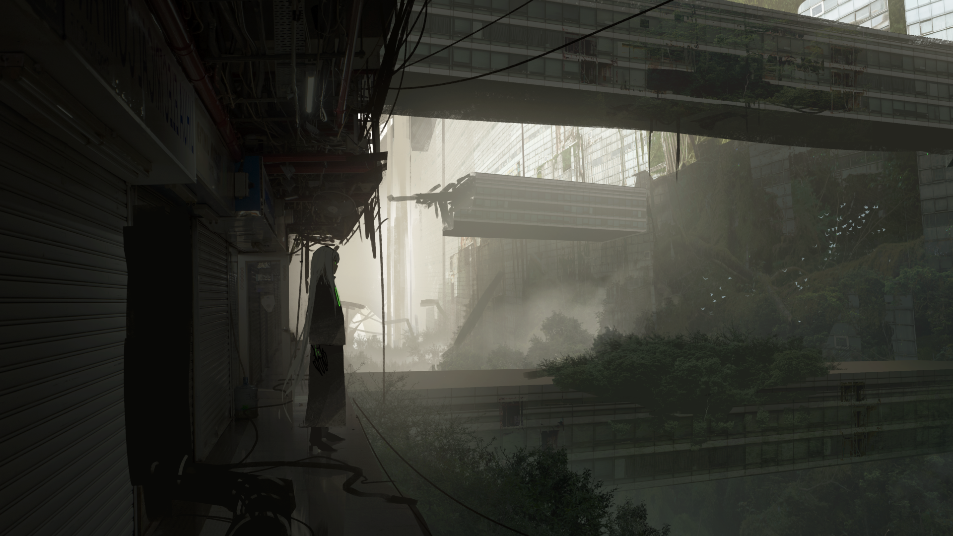 Anime-style 4K Ultra HD wallpaper depicting a foggy, industrial urban scene with muted tones and layered architectural elements.