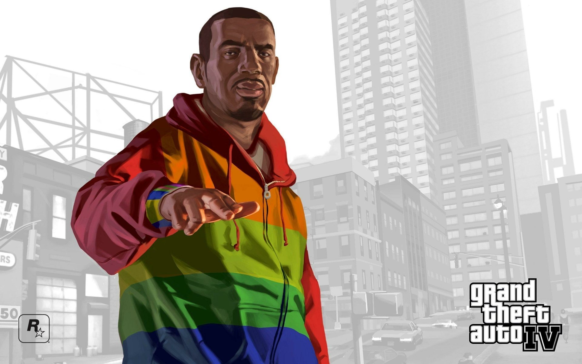 HD PC desktop wallpaper featuring a Grand Theft Auto IV character wearing a rainbow hoodie against a cityscape background in the video game style.