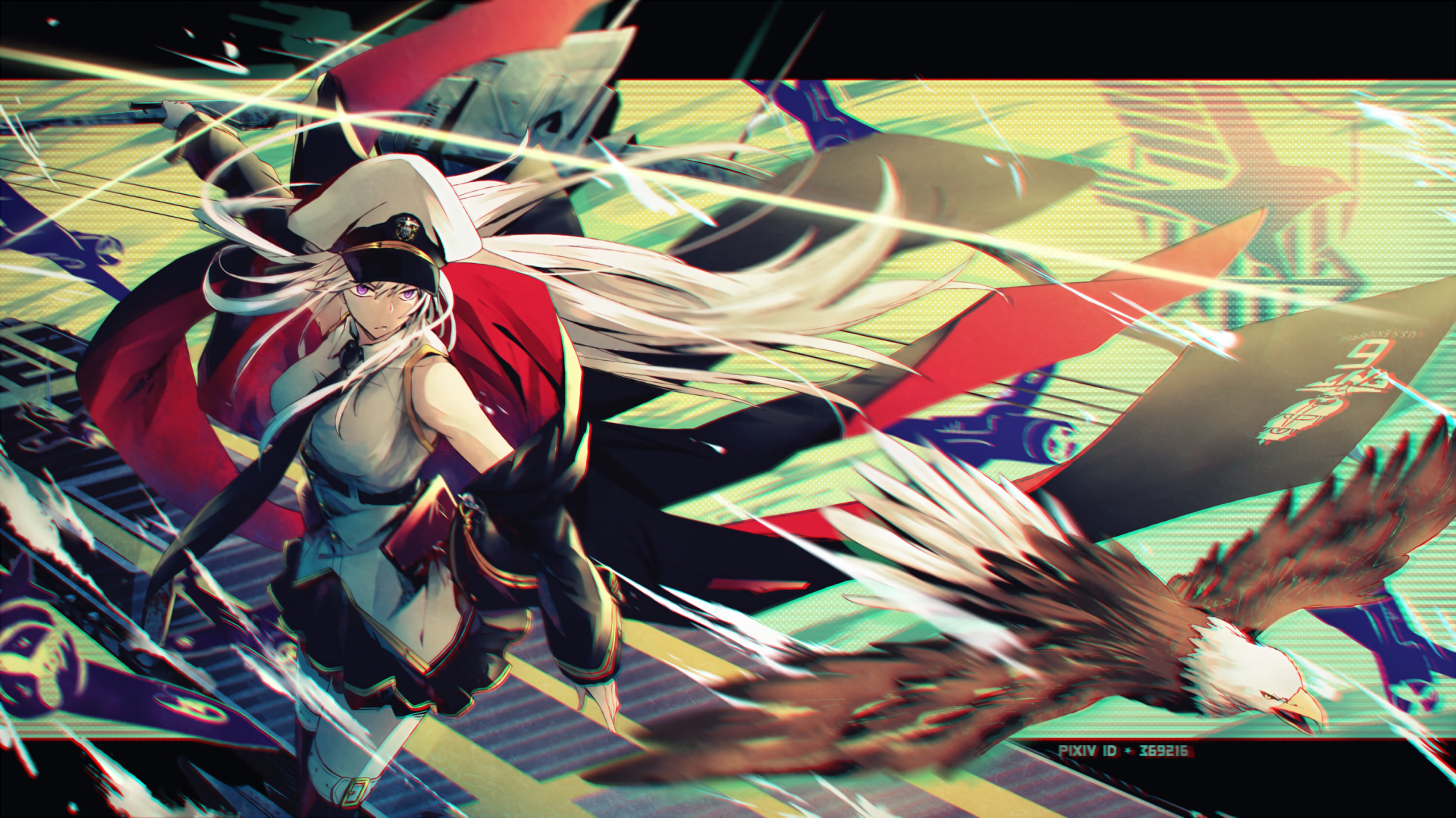 HD anime wallpaper of Enterprise from Azur Lane, featuring her white hair, long skirt, uniform, and hat in a dynamic action pose with vivid colors and effects.