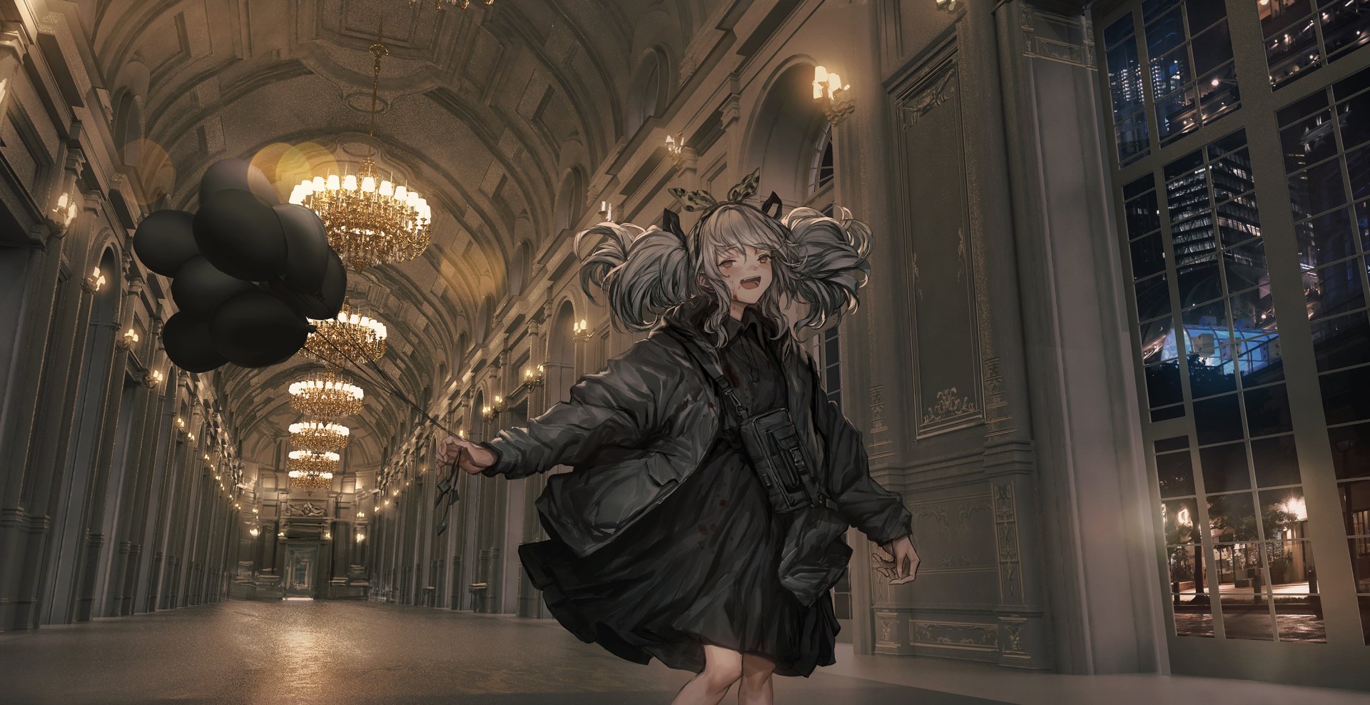 Anime-style girl with grey twintails joyfully holding black balloons under chandeliers in a night city setting, captured in a detailed HD desktop wallpaper background.