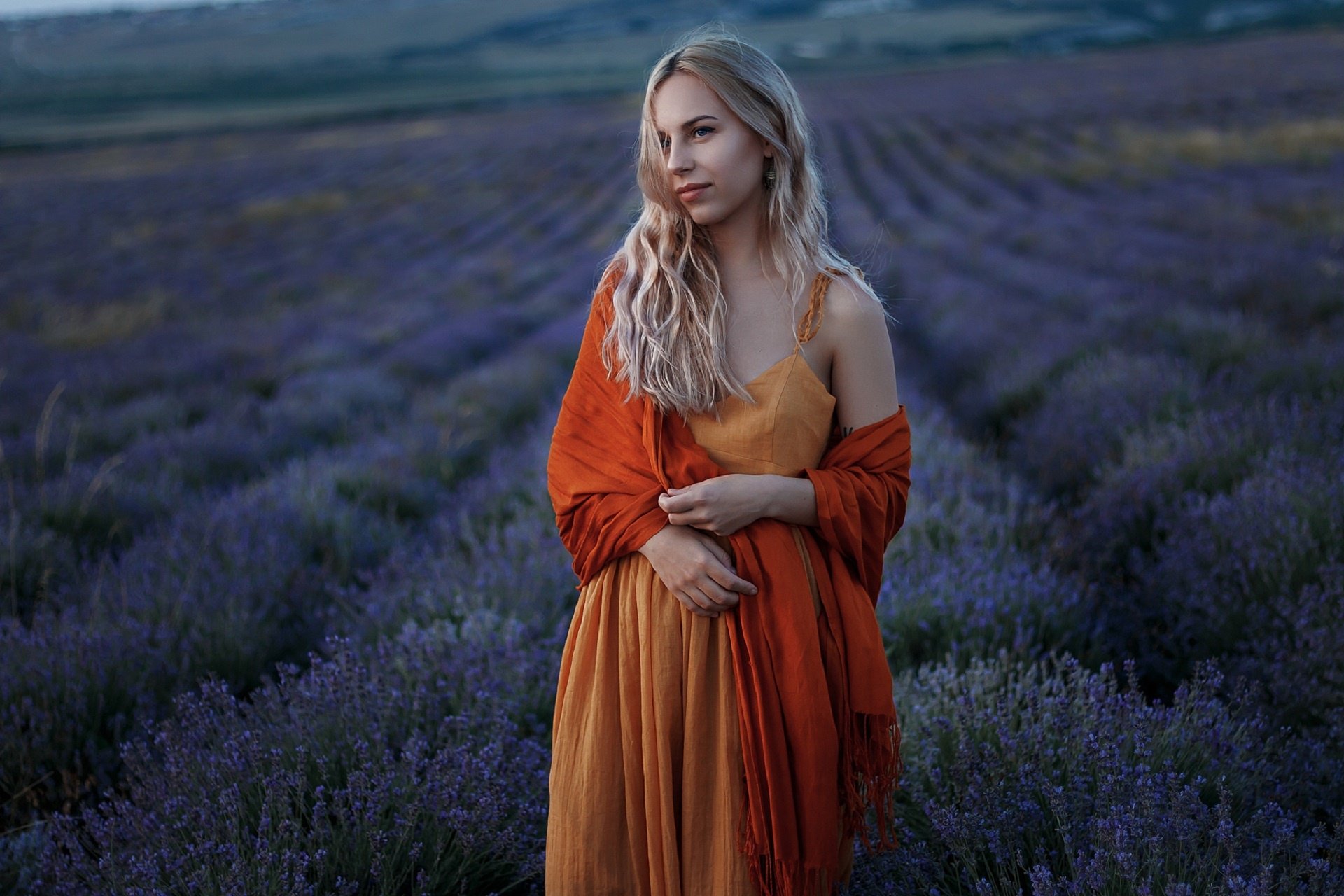 Download Blonde Orange Dress Depth Of Field Woman Model HD Wallpaper