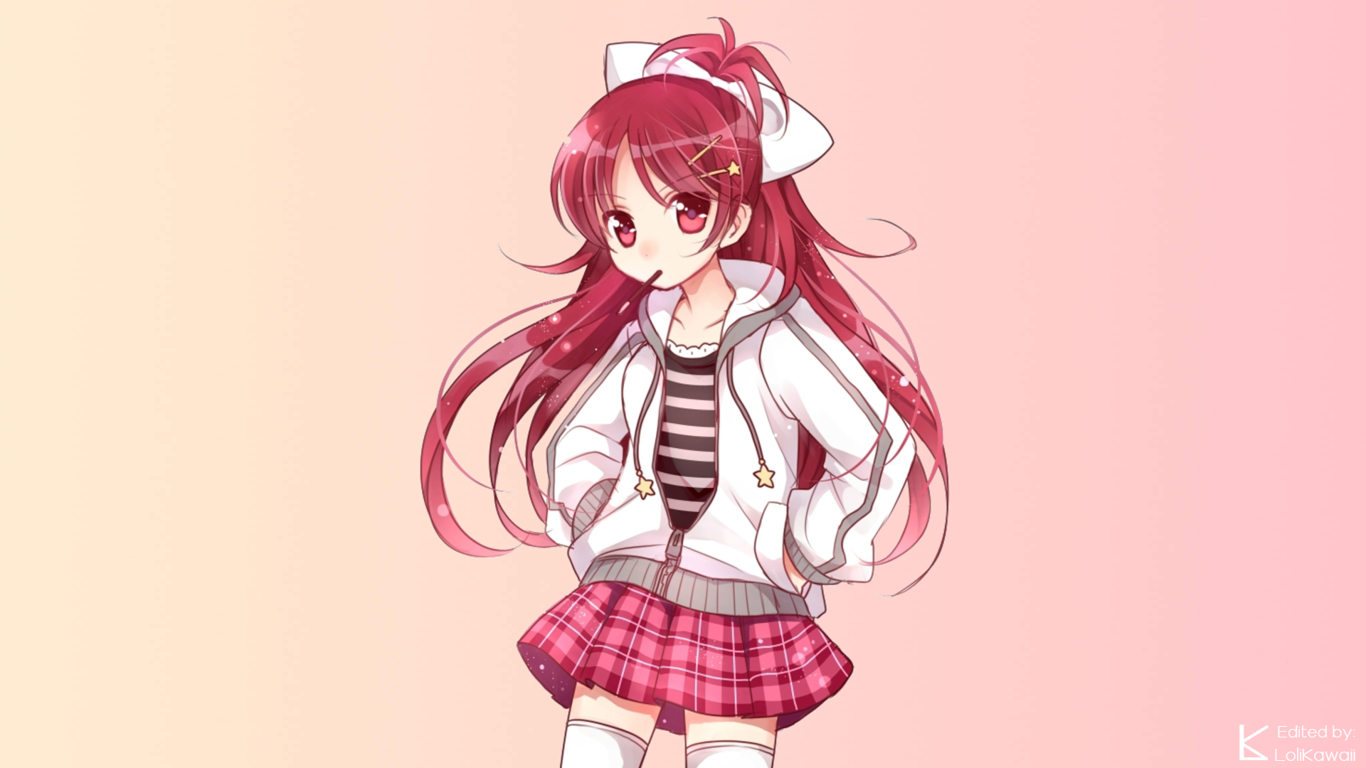 Anime-style HD desktop wallpaper of Kyōko Sakura from Puella Magi Madoka Magica, featuring her in a white jacket and pink plaid skirt against a soft pink background.