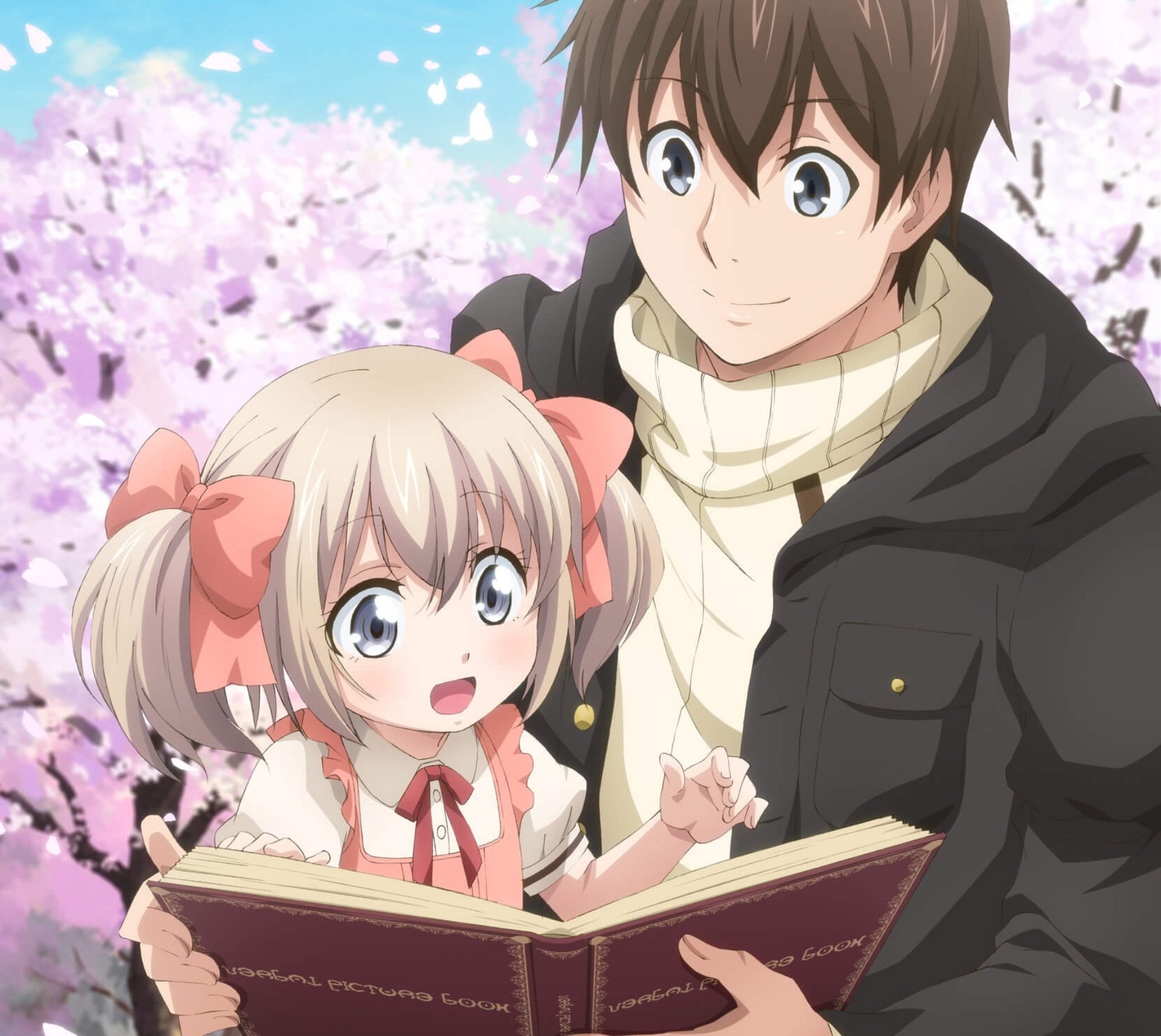 Dale Lecky HD anime PC wallpaper: father and young daughter reading under cherry blossoms from If It's for My Daughter I'd Even Defeat a Demon Lord (tag: Latina)