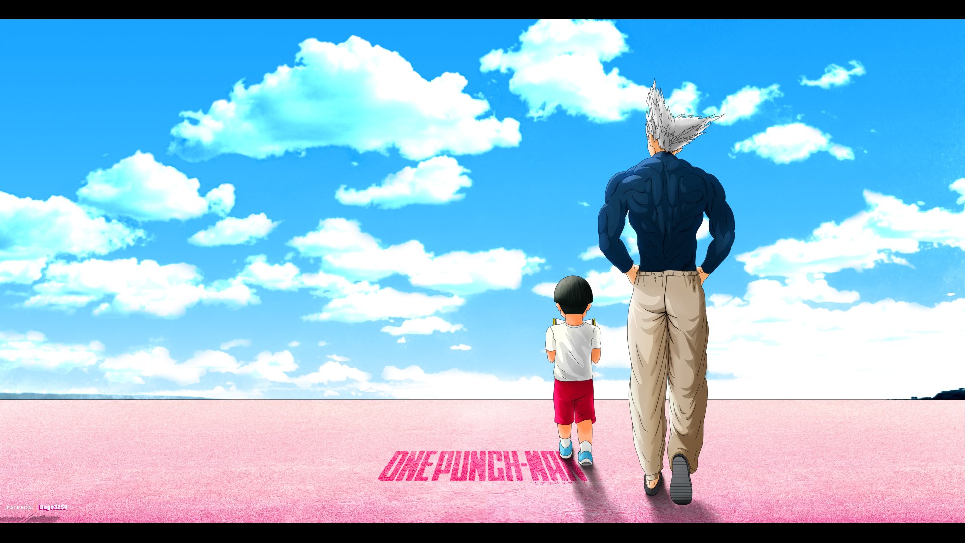 4K Ultra HD anime wallpaper featuring Tareo and Garou from One-Punch Man walking together under a bright blue sky with fluffy clouds.