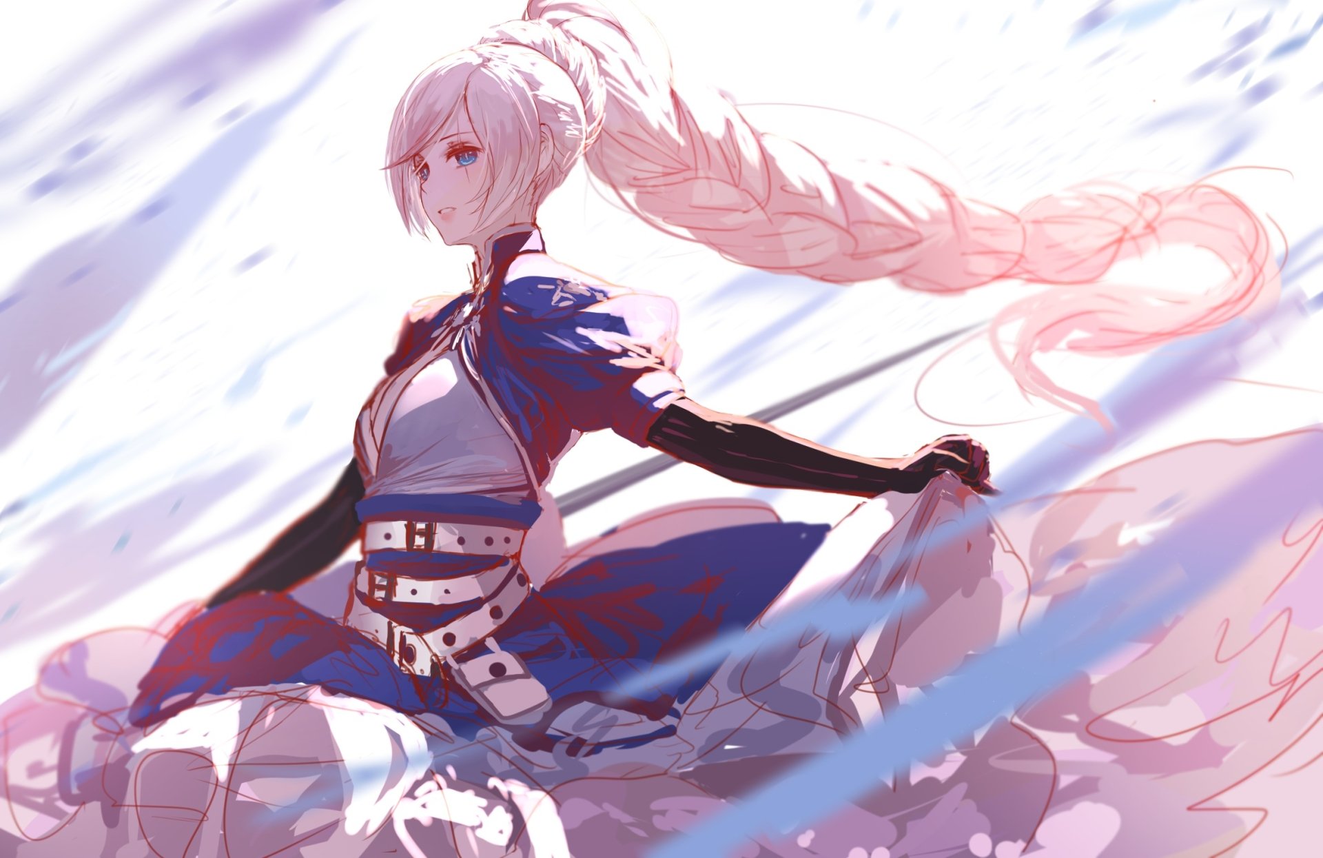 HD PC desktop wallpaper featuring Weiss Schnee from the anime RWBY, shown with flowing white hair and a dynamic pose against a soft, ethereal background.