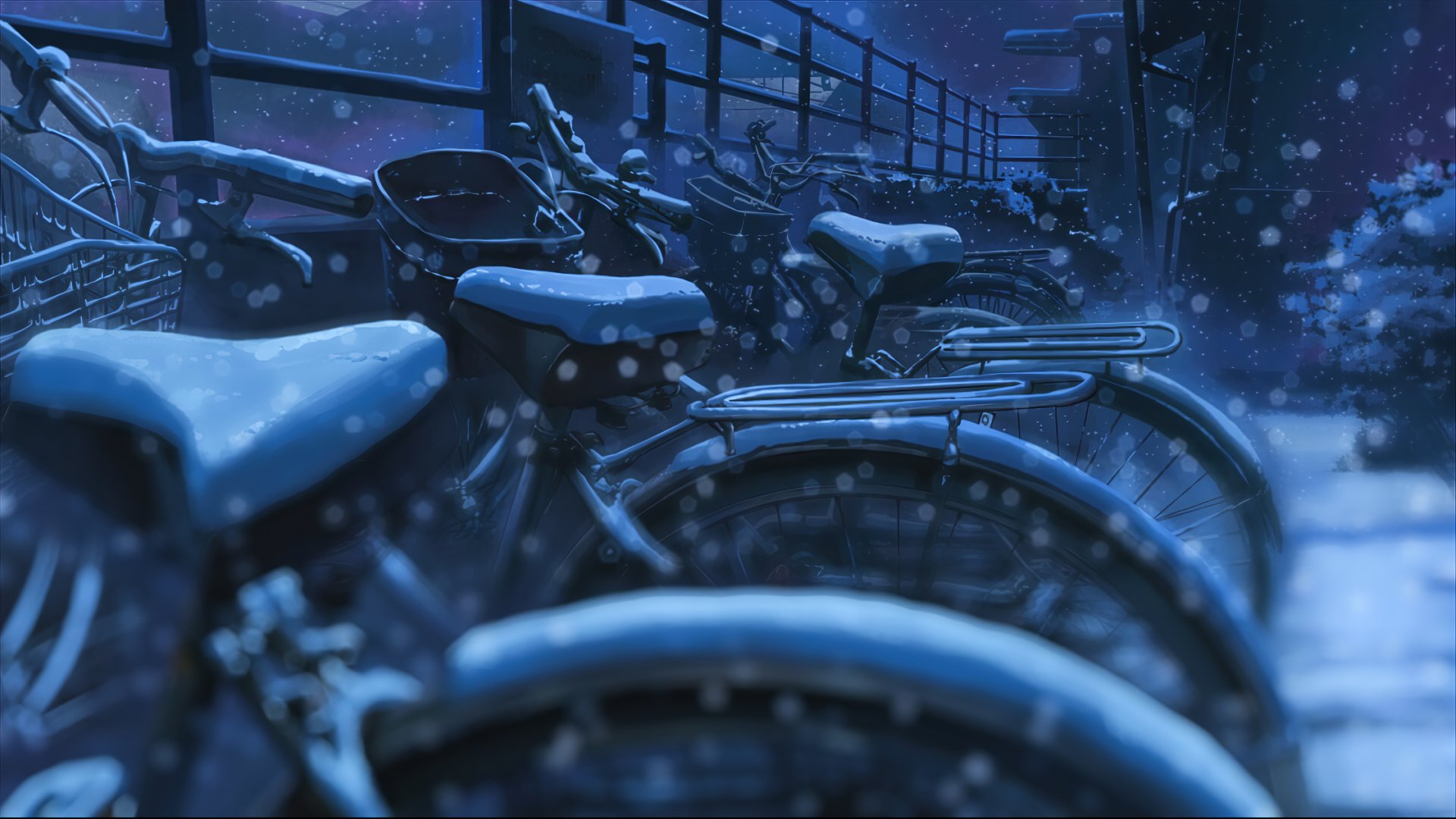 A detailed 8K Ultra HD anime-style scene from 5 Centimeters per Second, featuring snow-covered bicycles lined up against a fence in a serene, wintry setting.