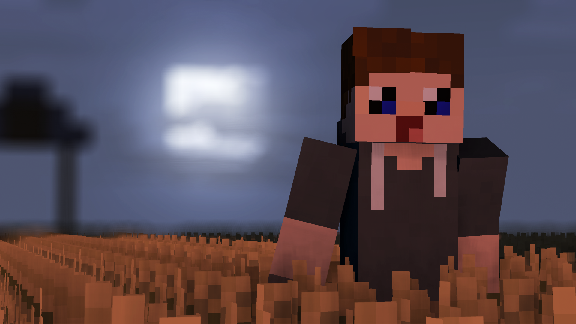 Minecraft character standing in a pixelated field under a night sky, shown in 4K Ultra HD as a PC desktop wallpaper background.