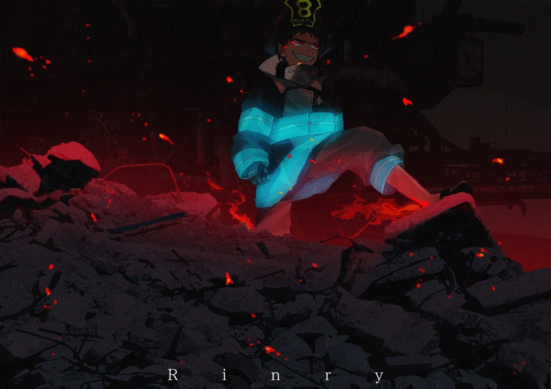 HD PC desktop wallpaper featuring Shinra Kusakabe from the anime Fire Force, surrounded by glowing embers and dark, fiery ruins.