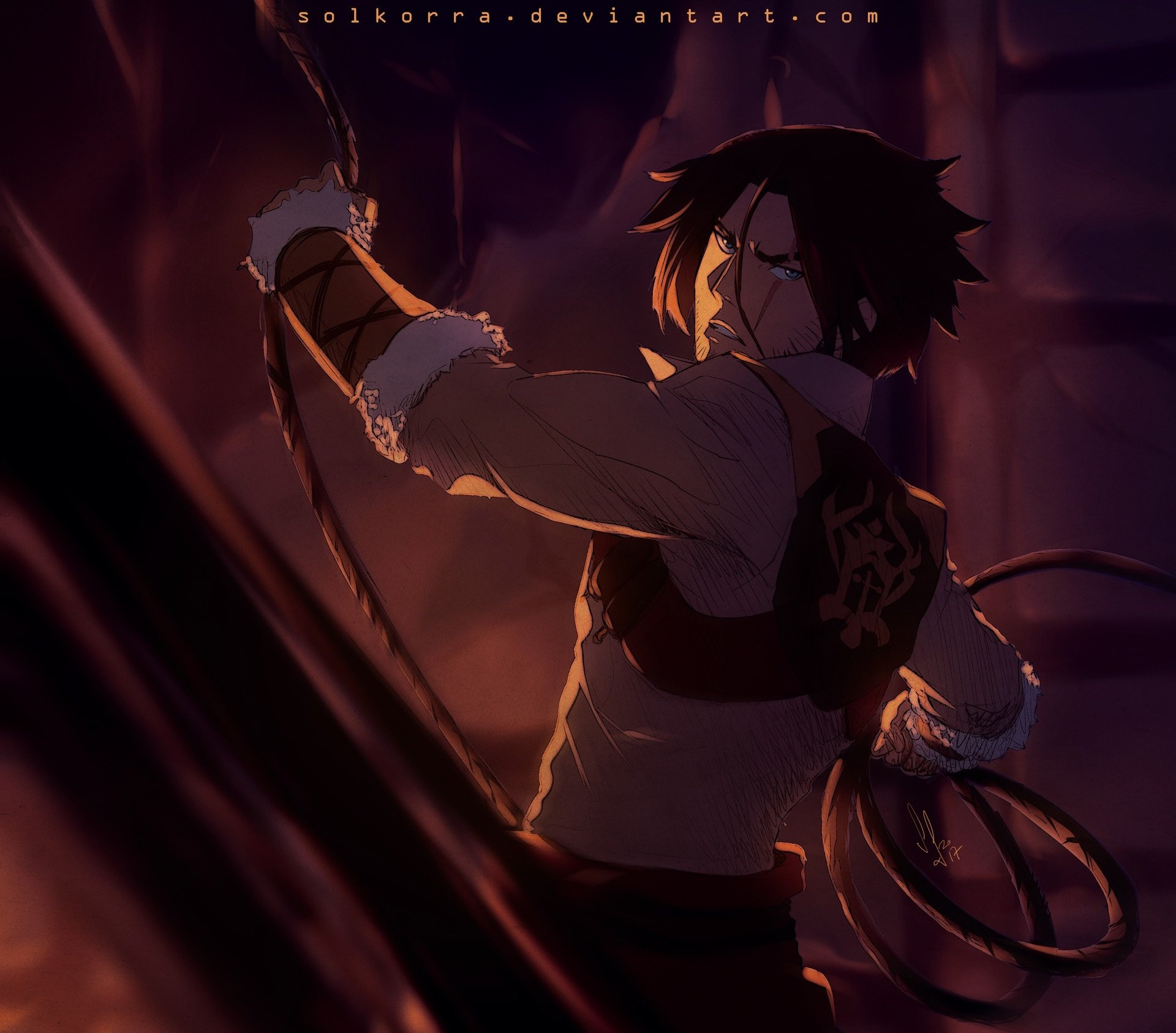 HD anime desktop wallpaper featuring Trevor Belmont from Castlevania in a dynamic, darkly lit action pose.
